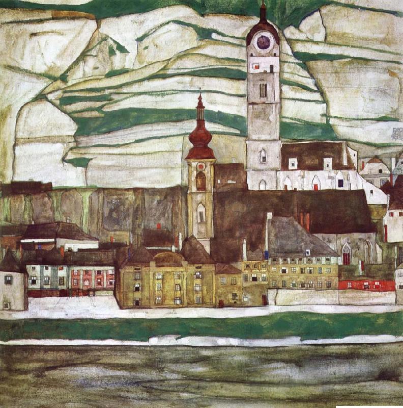 Egon Schiele Stein on the Danube with Terraced Vineyards oil painting picture